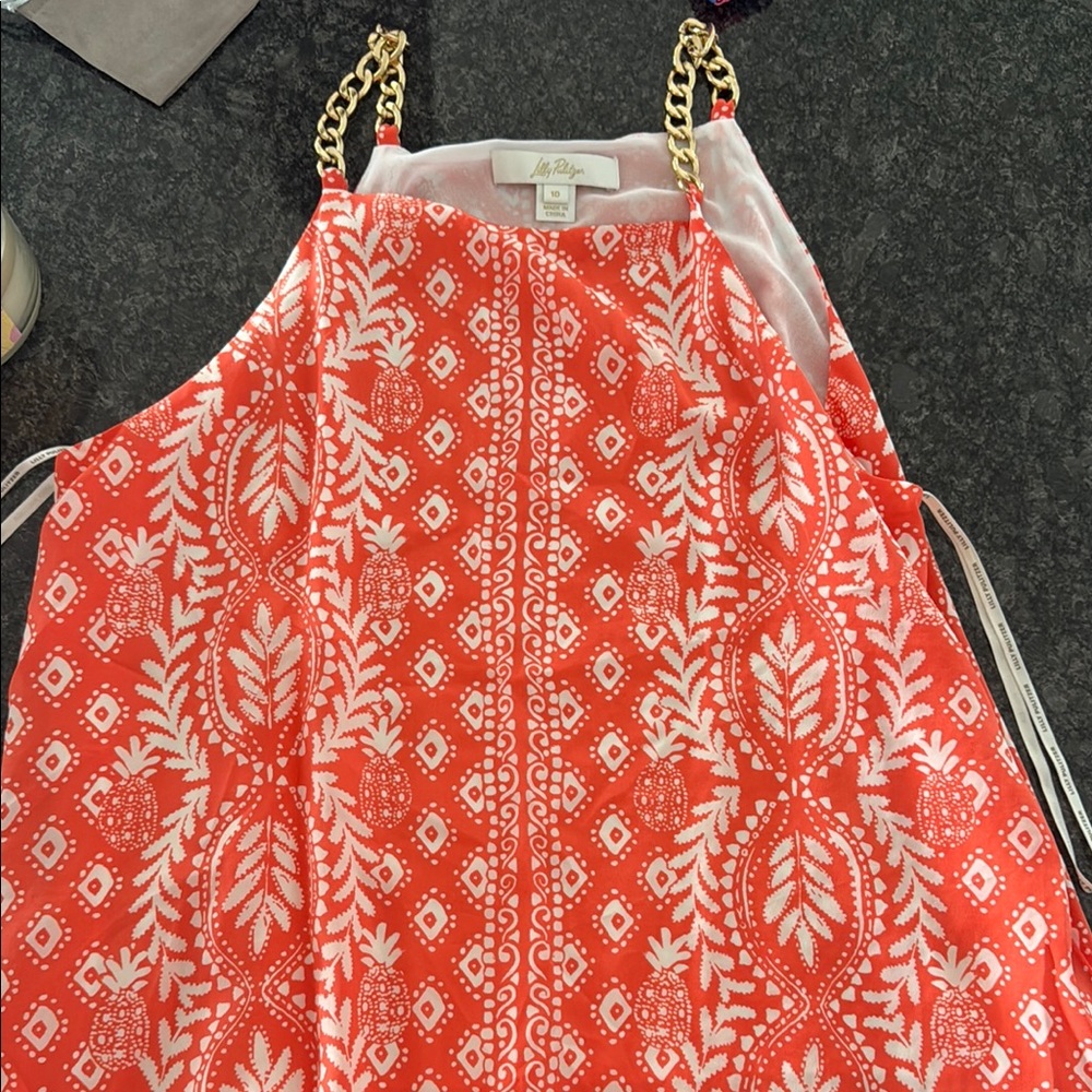 Lilly Pulitzer Coral and White Printed Halter Dress with Gold Chain Straps